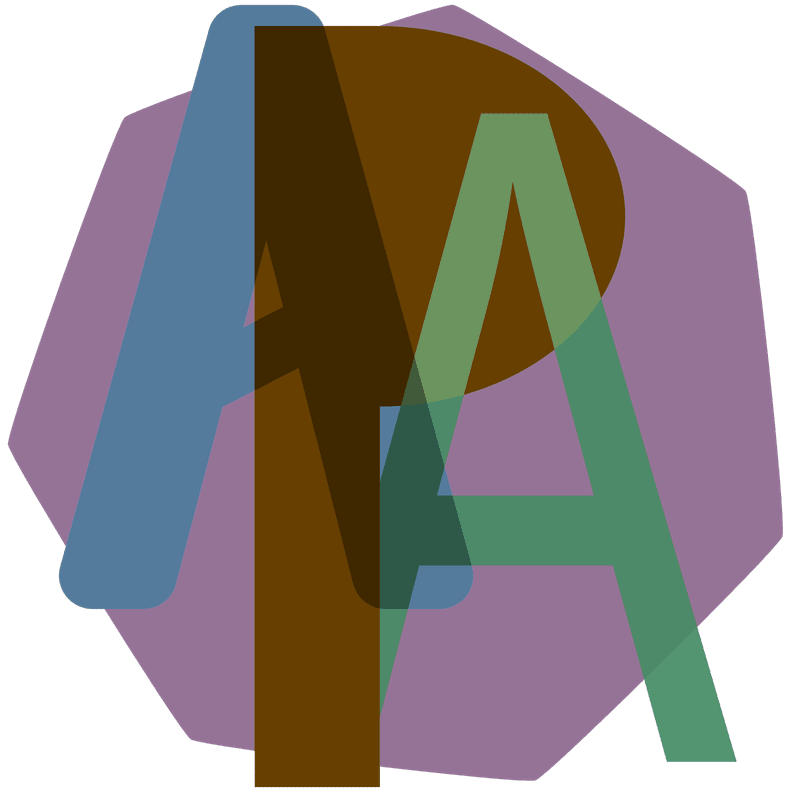 Overlapping translucent letters in blue and green form abstract shapes against a purple octagonal background with a brown circle.