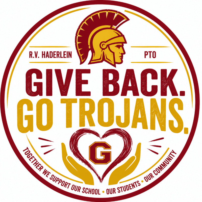 A circular emblem features a Trojan helmet and the words "GIVE BACK. GO TROJANS." in the foreground, with a heart cradled by hands and a school motto in the background.
