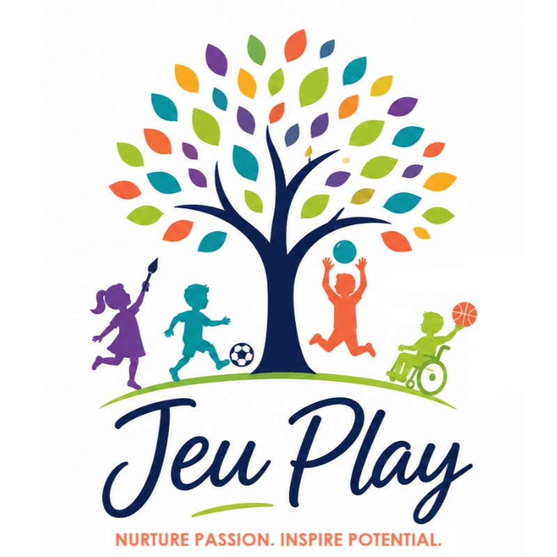 Colorful silhouettes of children playing and a tree with vibrant leaves are in the foreground, with the text "Jeu Play" and a tagline in the background.