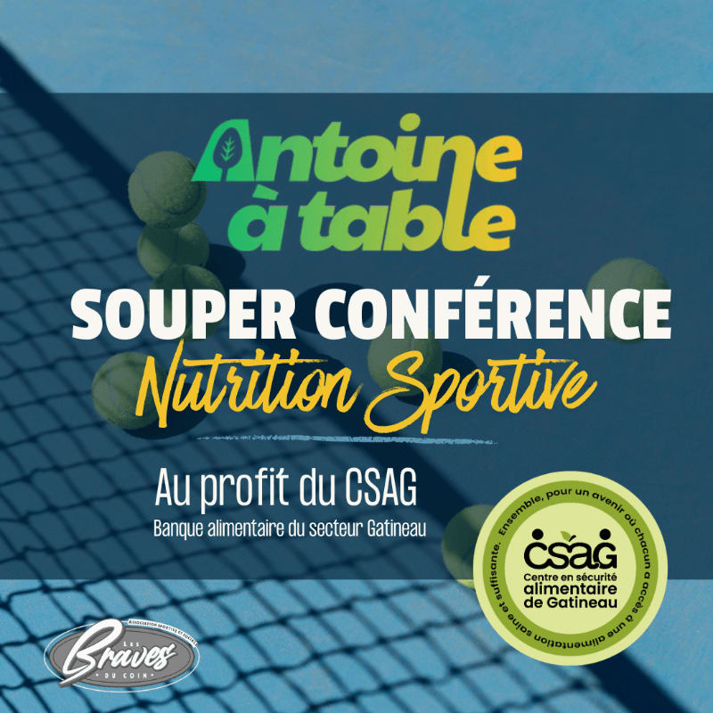 Tennis balls are scattered on a net in the foreground, with event details for "Antoine à table: Souper Conférence Nutrition Sportive" in the background.