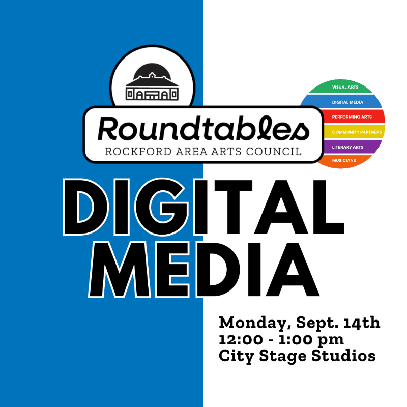 A blue and white graphic advertises "Roundtables Digital Media" with event details in the foreground and a circular logo with various art forms in the background.
