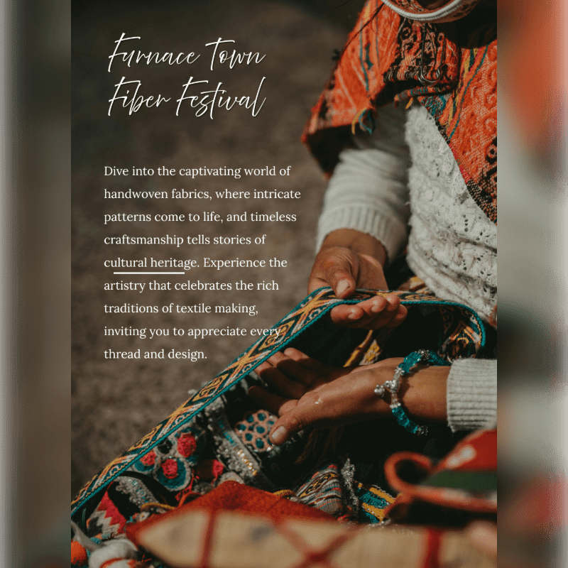 Hands skillfully weave a colorful textile in the foreground, with text about a fiber festival in the background.