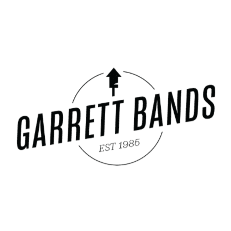 A black and white logo with "GARRETT BANDS EST 1985" inside a circle, featuring a stylized birdhouse above the text, on a plain white background.