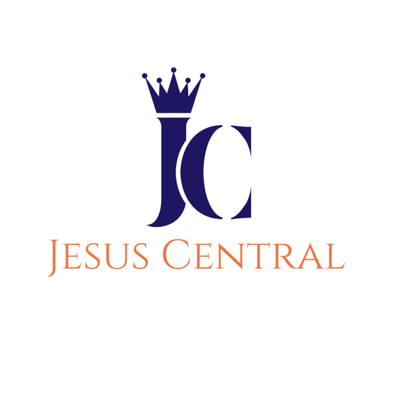 A navy blue crown sits atop the letters "JC" in the foreground, with the words "JESUS CENTRAL" written below in a copper color, all against a white background.