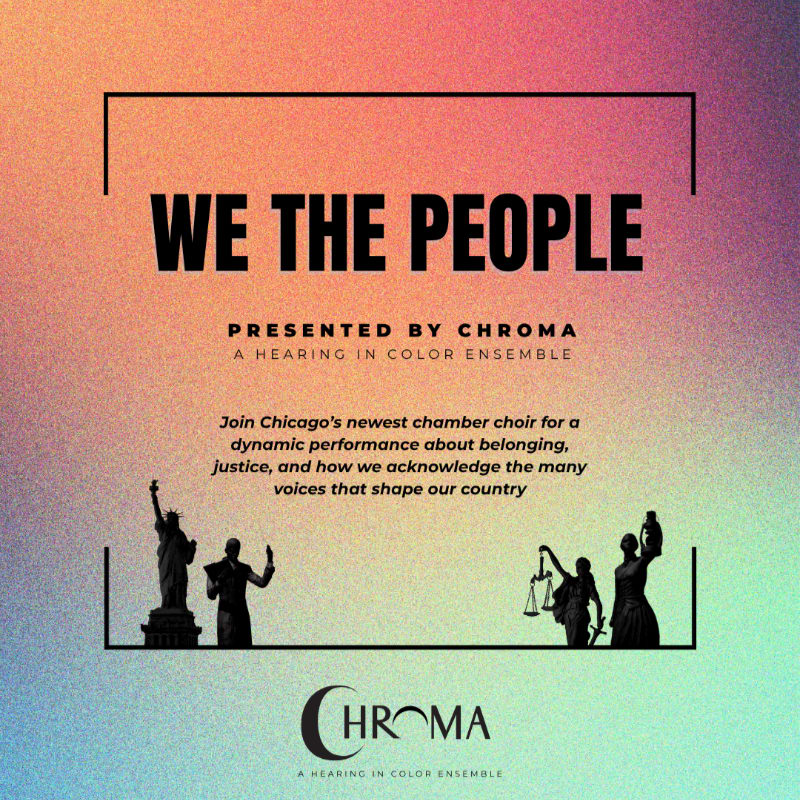 Silhouetted figures representing justice and freedom stand against a vibrant, gradient background with the text "WE THE PEOPLE" prominently displayed.