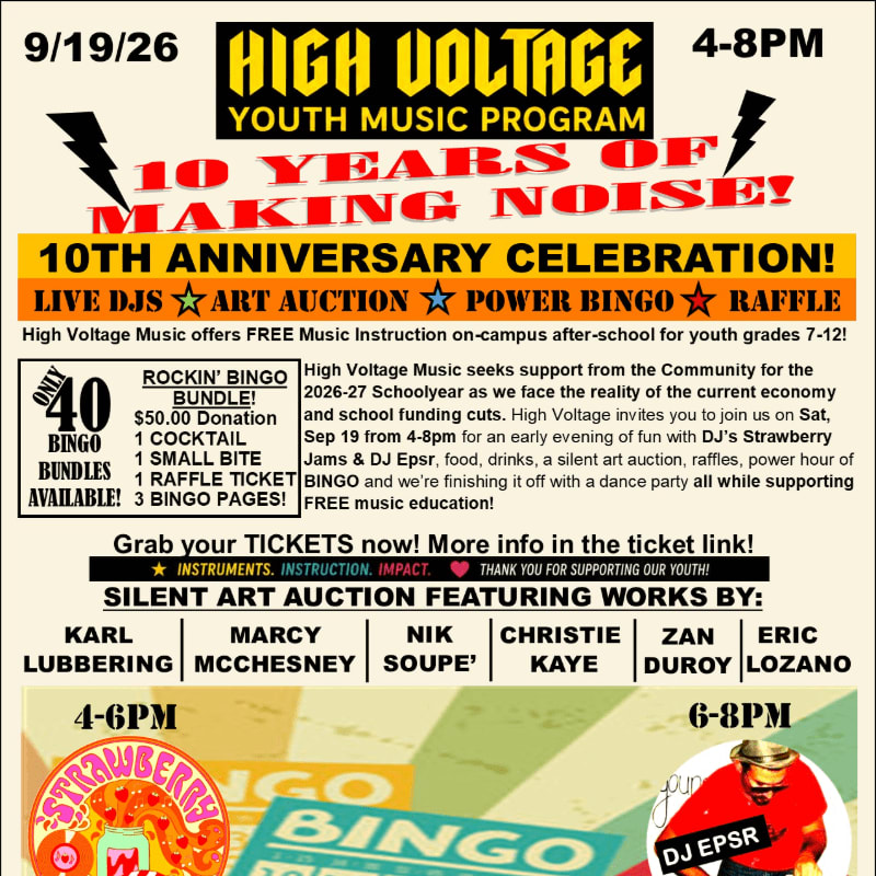 A flyer for a "High Voltage Youth Music Program" 10th Anniversary Celebration advertises a 4-8 PM event on September 19th featuring live DJs, an art auction, power bingo, and a raffle, with the foreground showing colorful graphics of bingo cards and DJ equipment.