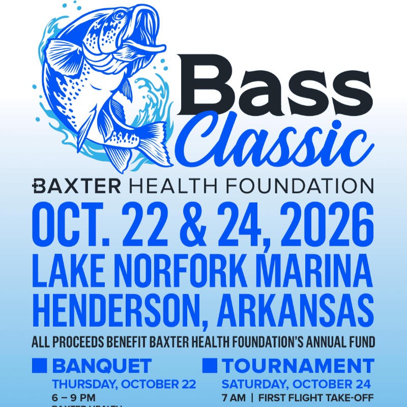 A blue bass leaps from stylized water in the foreground, set against a gradient blue background with event details for the Bass Classic.