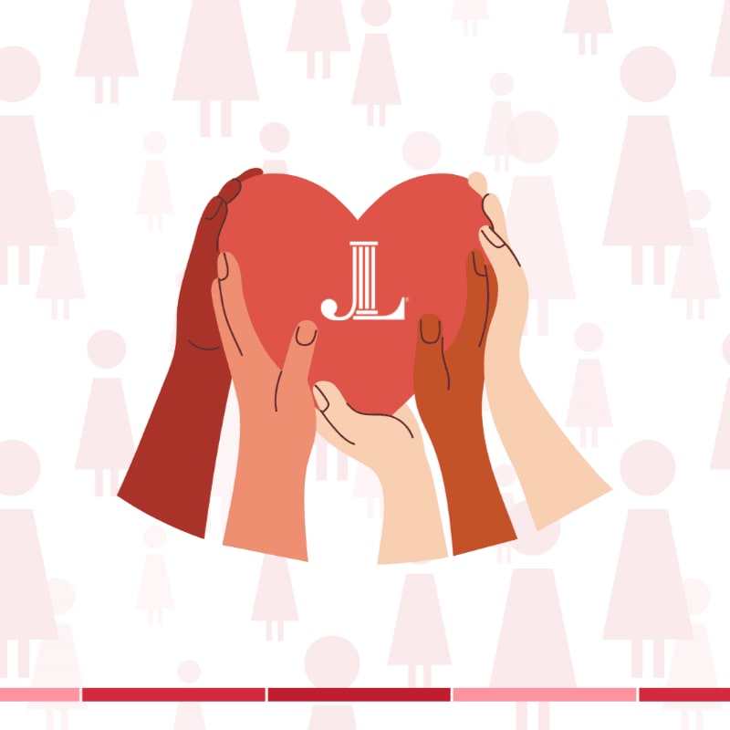 Multiple hands of varying skin tones cradle a red heart with a stylized "L" in the center, set against a background of faint, repeating female silhouettes.
