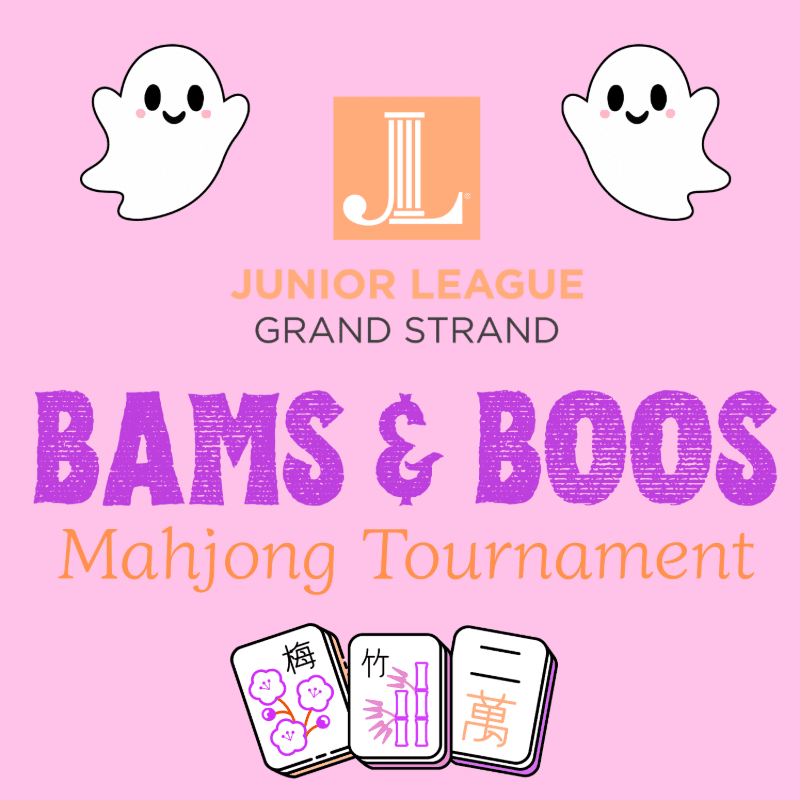 Two cute ghosts float above the "BAMS & BOOS Mahjong Tournament" text, with three mahjong tiles in the foreground against a pink background.