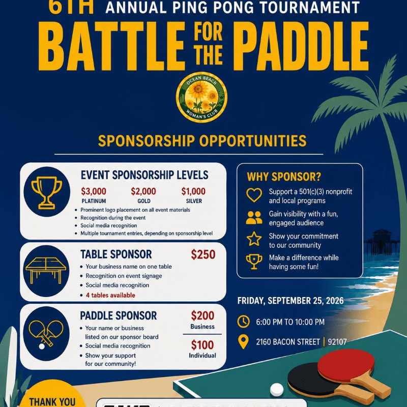 In the foreground, sponsorship levels and details for a ping pong tournament are listed, while the background features a beach scene with a palm tree and a pier.