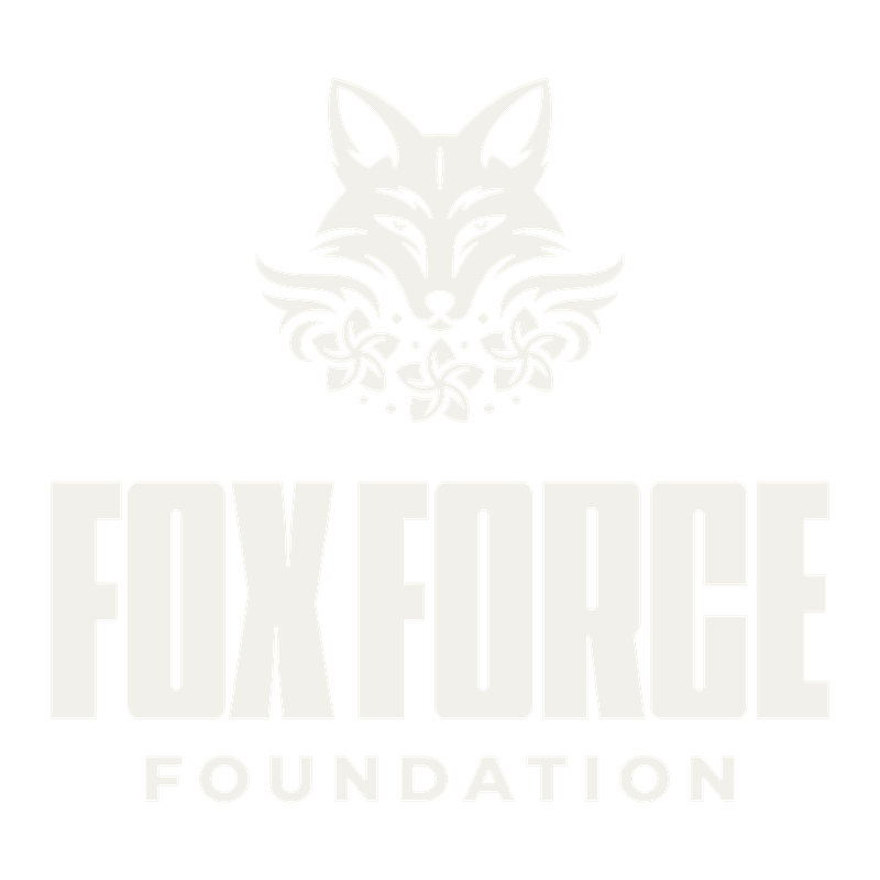 A stylized white fox head with floral accents sits above bold white text reading "FOX FORCE FOUNDATION" on a plain white background.