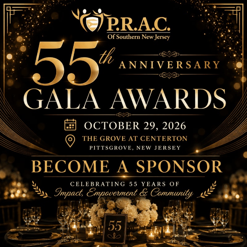 A formal gala awards event for P.R.A.C. of Southern New Jersey's 55th anniversary is advertised with a table setting in the foreground and a bokeh background.