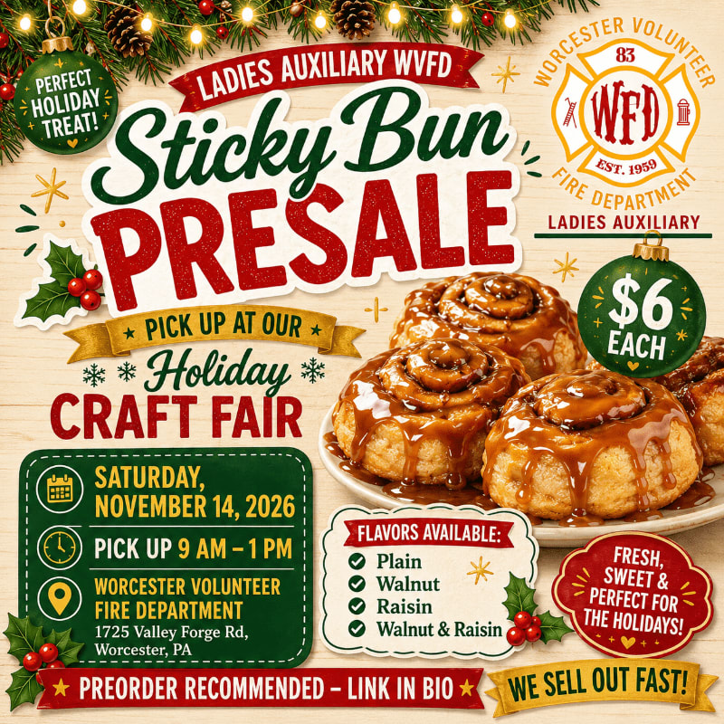 A holiday craft fair flyer advertises a sticky bun presale with a close-up of glazed cinnamon buns in the foreground and festive decorations in the background.