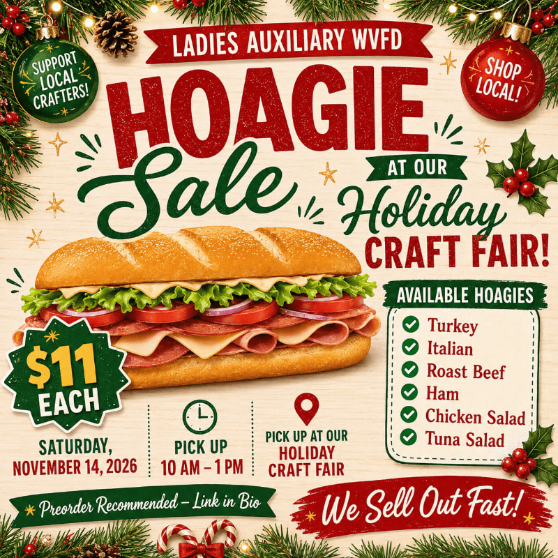 A festive advertisement for a hoagie sale at a holiday craft fair features a large hoagie in the foreground and holiday decorations in the background.