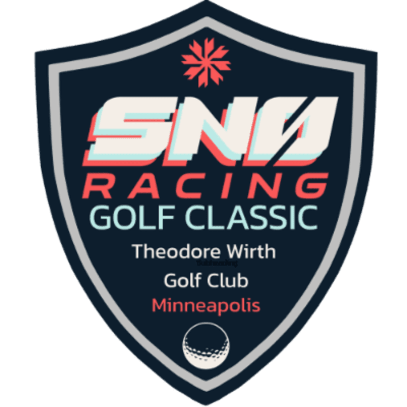 A dark blue shield with white and red lettering for "SNV RACING GOLF CLASSIC" and details about the location is set against a plain white background.