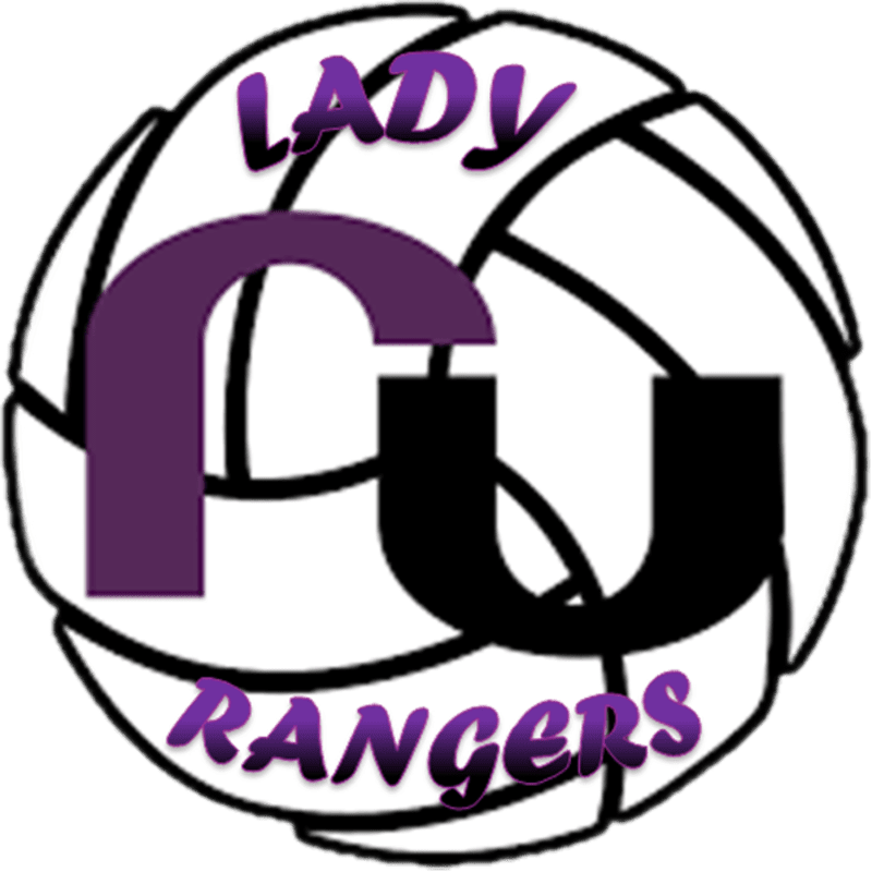 A stylized volleyball with the words "Lady FU Rangers" in purple and black lettering forms the central focus against a white background.