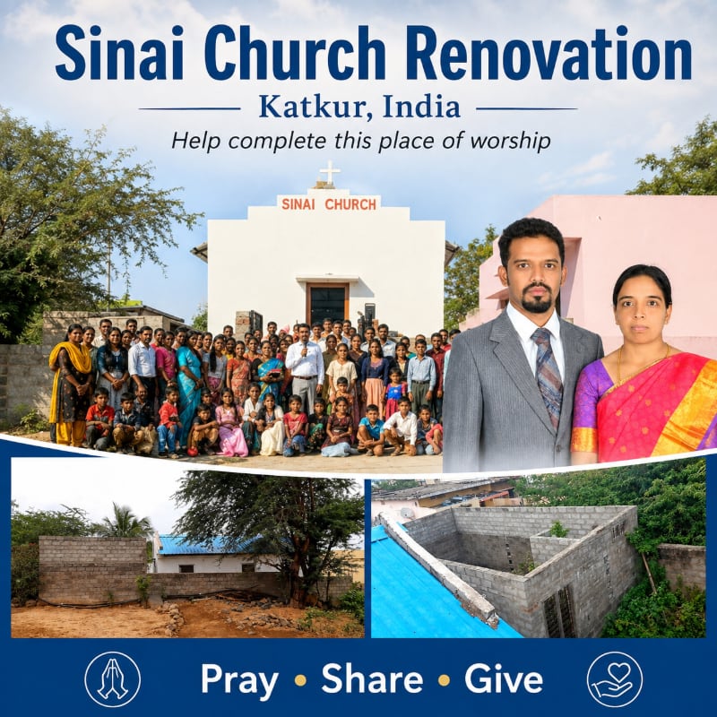 A large group of people stand in front of a white church in the background, while a man and woman are featured prominently in the foreground, with smaller inset images showing construction progress.