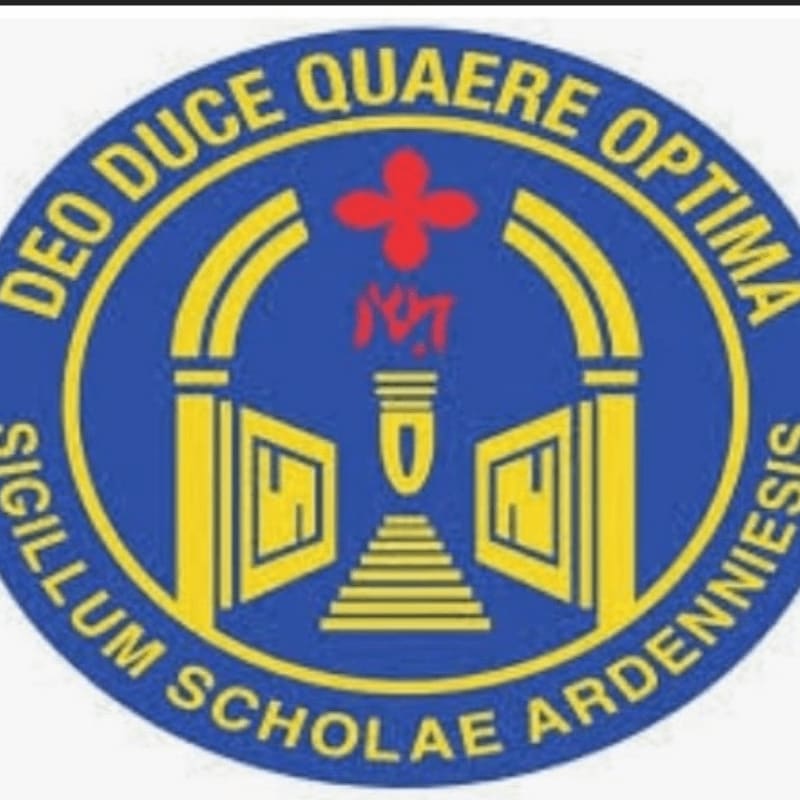 A blue and yellow circular emblem with a red cross and a stylized flame in the center, framed by architectural elements and Latin text.
