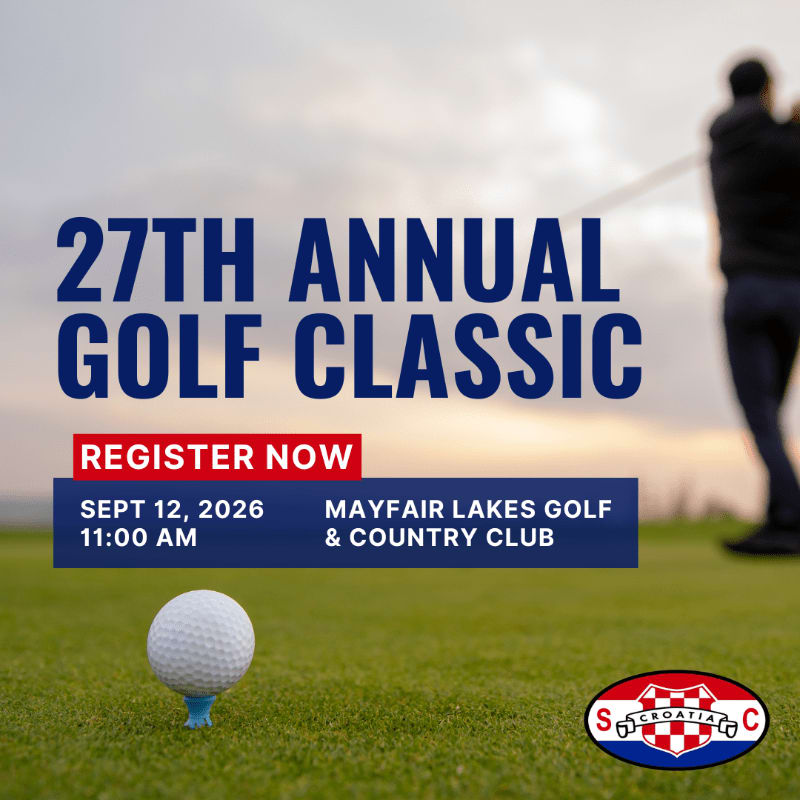 A golf ball sits on a tee in the foreground, with a golfer swinging in the blurred background, advertising the 27th Annual Golf Classic.