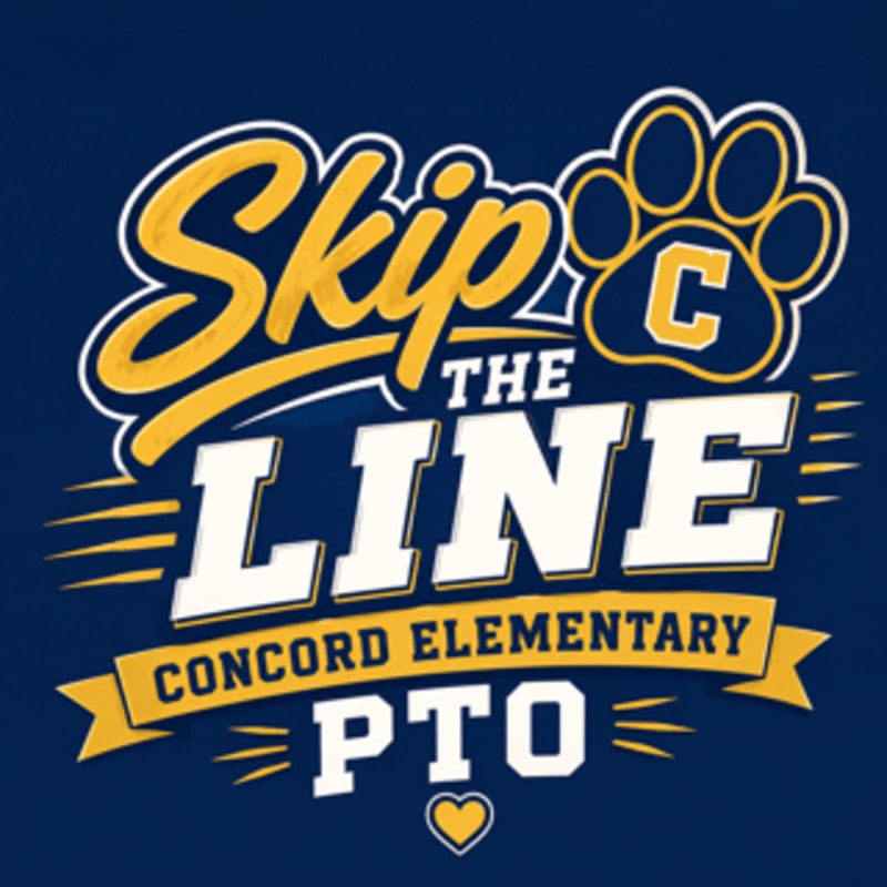 Yellow and white text reading "Skip the Line" with a paw print containing a "C" is in the foreground, set against a dark blue background with a yellow banner that says "Concord Elementary PTO" and a small yellow heart.