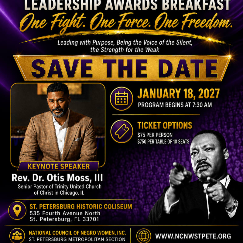 A "Save the Date" announcement for a Leadership Awards Breakfast features a portrait of Rev. Dr. Otis Moss, III in the foreground and a dynamic image of Martin Luther King, Jr. in the background.