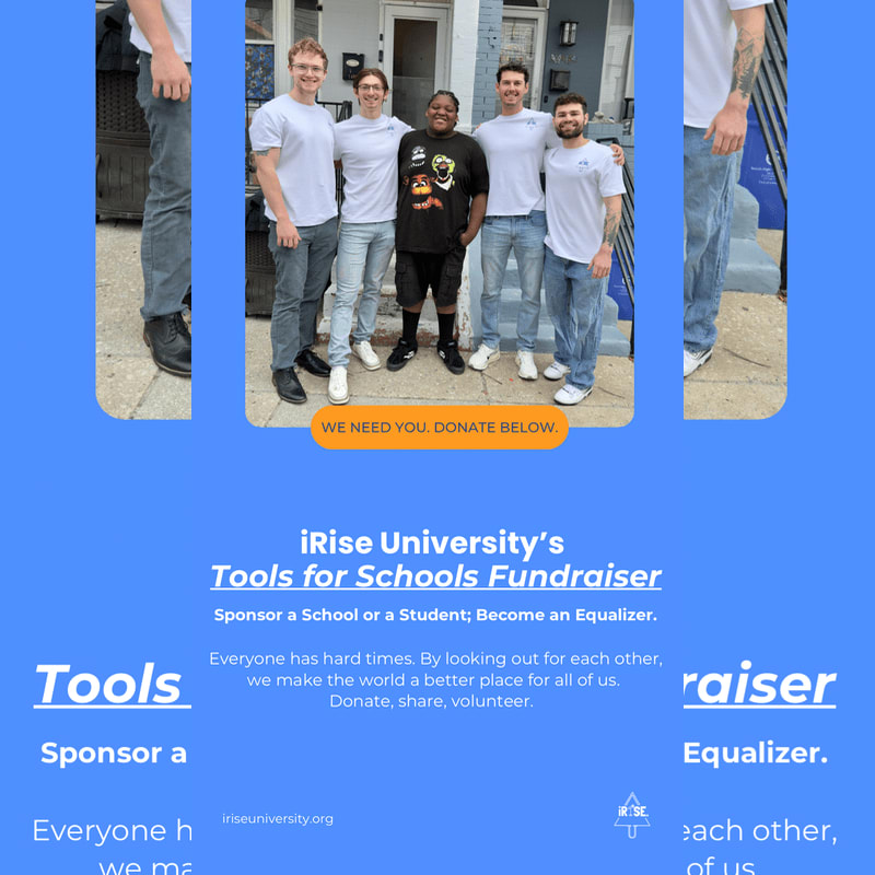 A group of five men stand together in front of a building, with text about a fundraiser below.