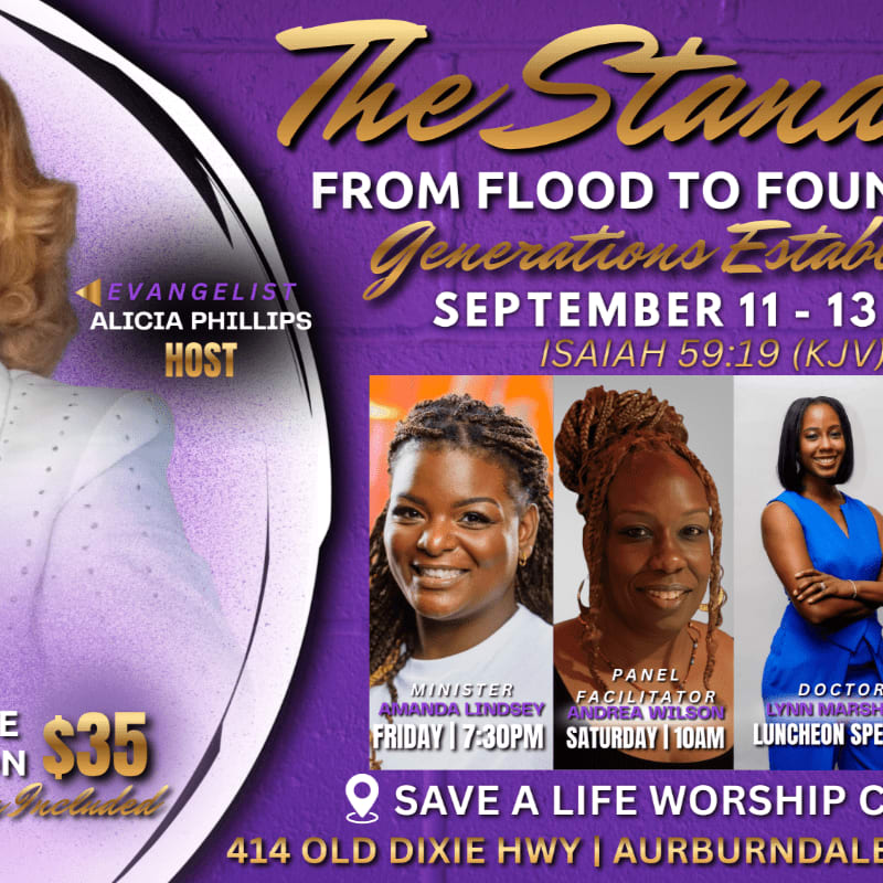 A purple flyer advertises a "The Stand" event with featured speakers and details in the foreground, set against a textured purple background with a partial image of a woman on the left.