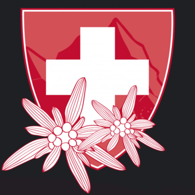 Two edelweiss flowers in the foreground are superimposed on a Swiss flag with a mountain silhouette in the background.