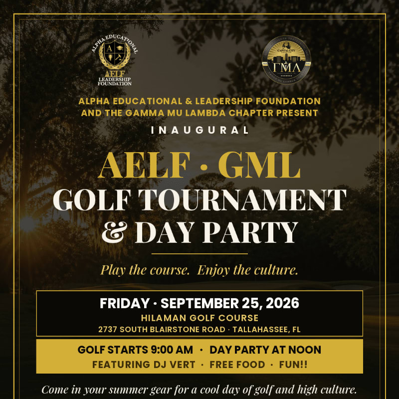 A golf tournament and day party flyer with a blurred background of trees and sunlight, and text detailing the event information in the foreground.