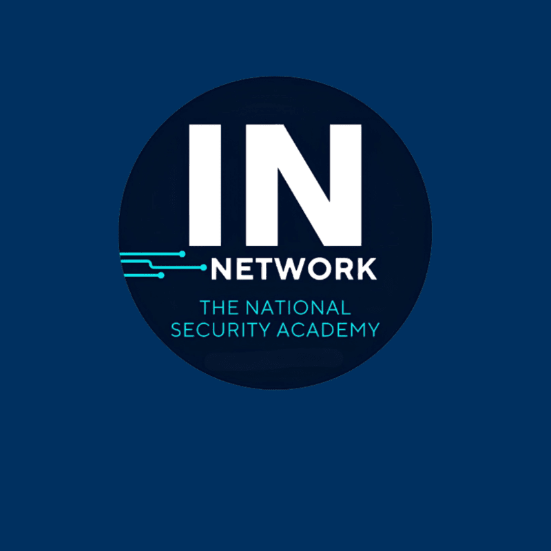 A dark blue circular logo with "IN NETWORK" in large white letters and "THE NATIONAL SECURITY ACADEMY" in smaller white text is centered on a solid dark blue background.