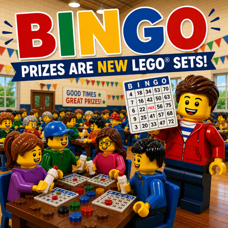 In the foreground, Lego figures play bingo at tables, while the background shows a classroom decorated with "BINGO PRIZES ARE NEW LEGO SETS!" banners and more Lego figures.
