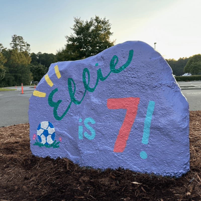 A large, purple-painted rock with "Ellie is 7!" and a soccer ball is in the foreground, set against a background of trees and a parking lot under a clear sky.