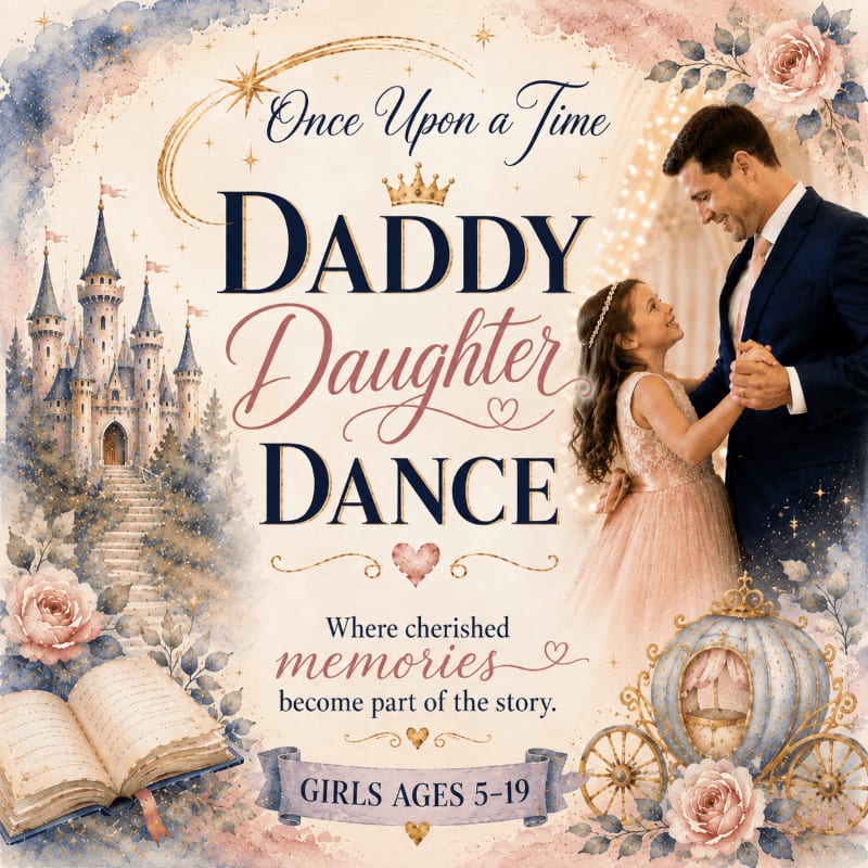 A father and daughter dance in front of a castle and carriage, with an open book in the foreground.