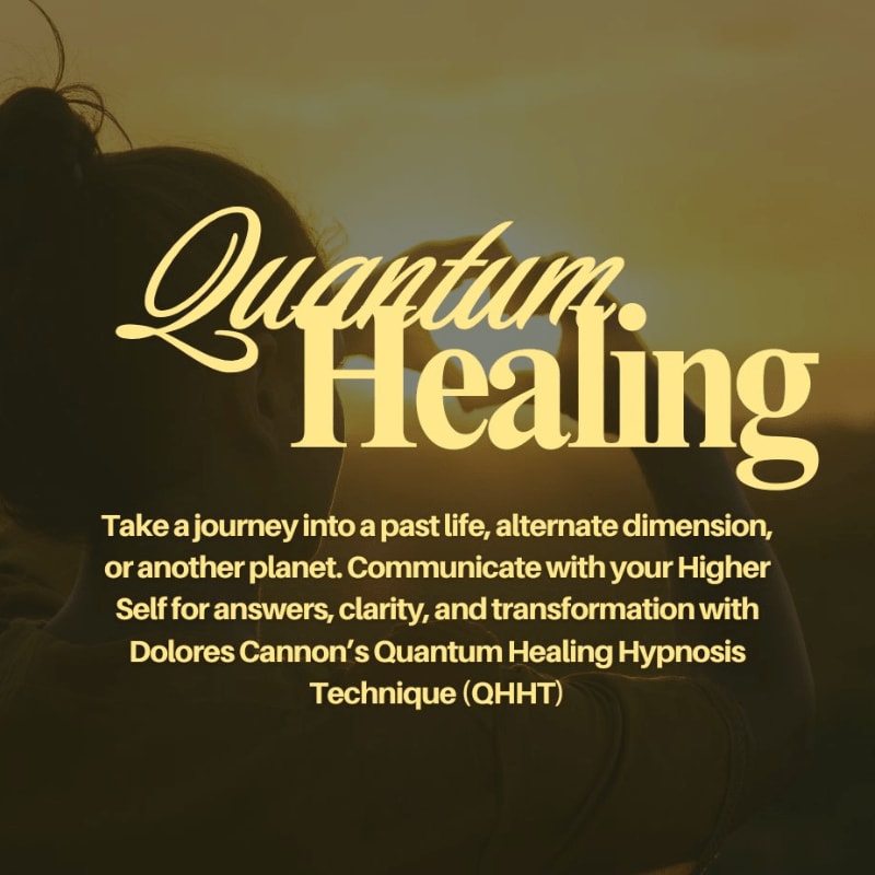 A silhouette of a person's head and shoulders is in the foreground, with the words "Quantum Healing" overlaid, while the background features a warm, hazy sunset.