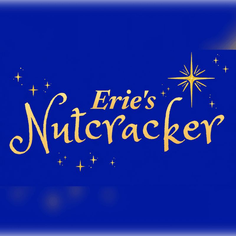 Golden text spelling "Erie's Nutcracker" with a starburst and scattered stars floats against a deep blue background with a subtle gradient.