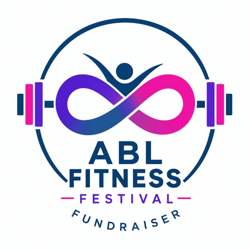 A stylized infinity symbol with a silhouetted figure at its apex is framed by barbells and a circle, with "ABL FITNESS FESTIVAL FUNDRAISER" text below, all on a white background.