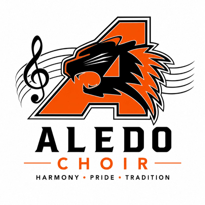 An orange and black tiger head with a treble clef is superimposed on a large orange letter "A" in the foreground, with the words "ALEDO CHOIR" and "HARMONY ⢠PRIDE ⢠TRADITION" below it, all set against a white background.
