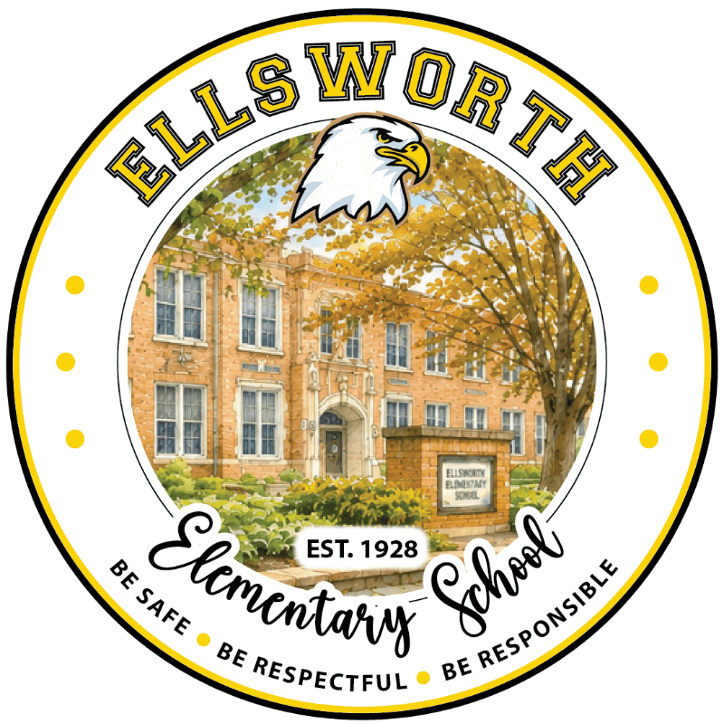 A circular emblem features a proud eagle above a brick elementary school with autumn foliage in the background, and the school's name and motto in the foreground.