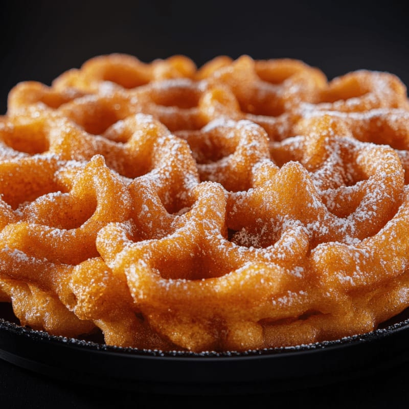 A golden-brown funnel cake dusted with powdered sugar sits on a black plate against a dark, blurred background.