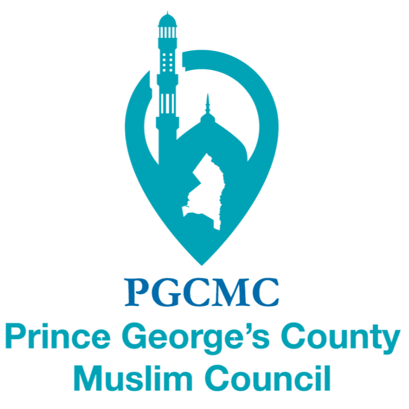 A teal location pin icon containing a mosque silhouette and a map of New Jersey is centered above the text "PGCMC Prince George's County Muslim Council" on a white background.