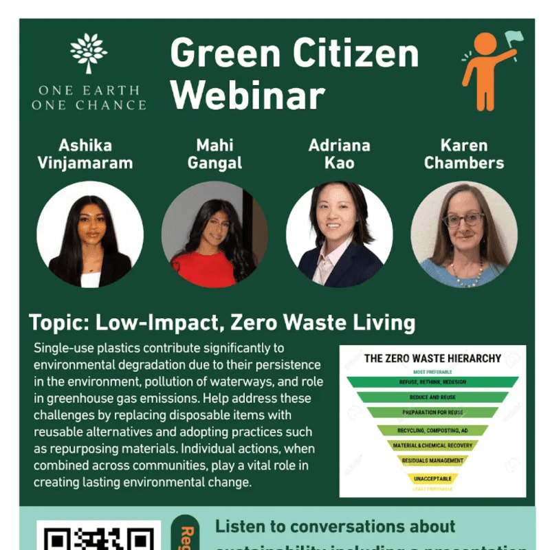 Four speakers are featured in a "Green Citizen Webinar" about "Low-Impact, Zero Waste Living," with a diagram of the zero waste hierarchy in the background.