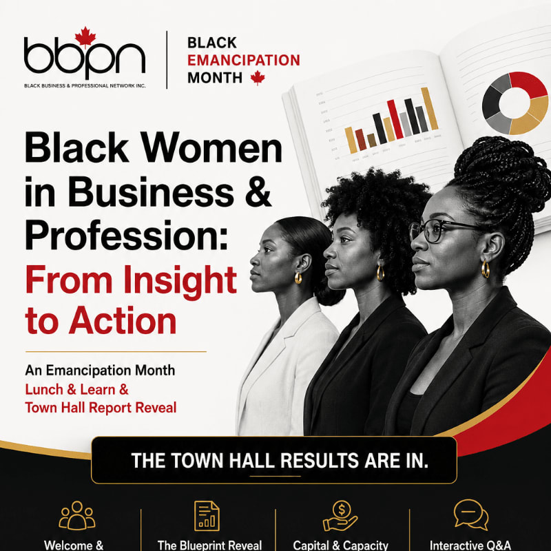 Three Black women in professional attire are featured in the foreground against a background of charts and text announcing "Black Emancipation Month" and an event titled "Black Women in Business & Profession: From Insight to Action."