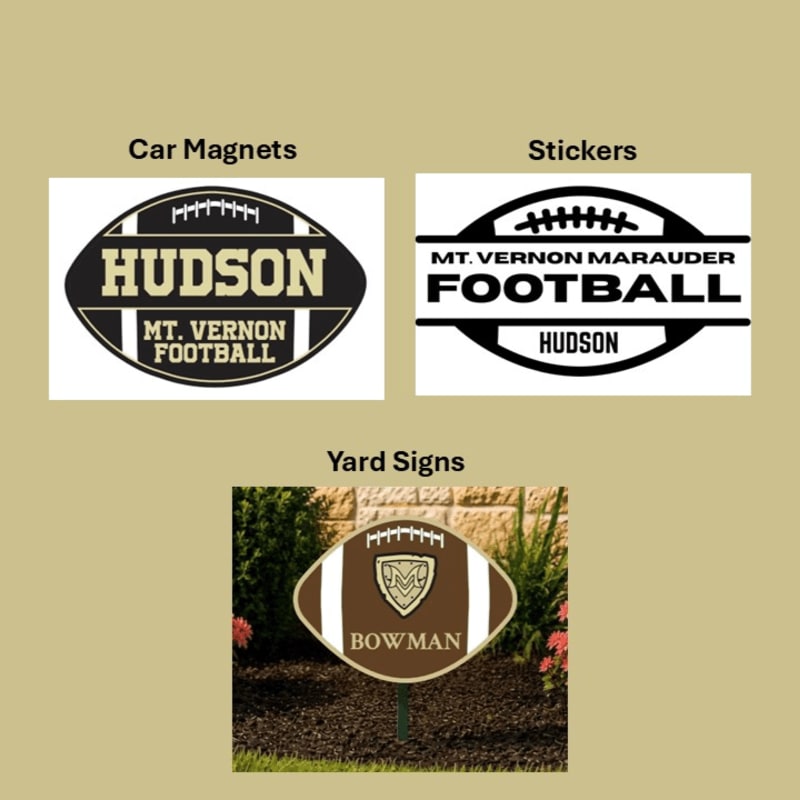 Three football-themed graphics, labeled "Car Magnets," "Stickers," and "Yard Signs," are displayed against a plain background, with the yard sign featuring a football graphic planted in a garden.