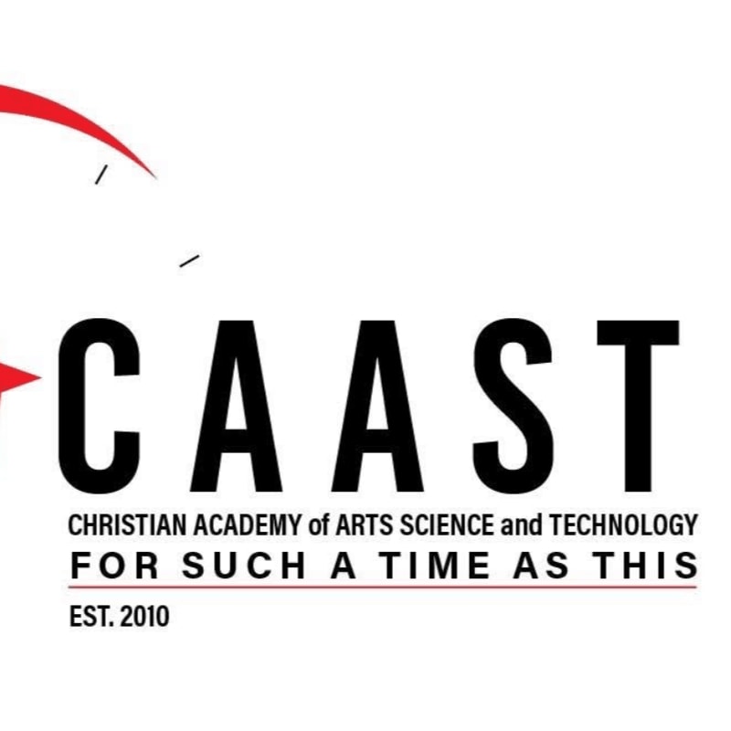 Bold black letters spelling "CAAST" are centered on a white background, with smaller text below and a red abstract shape in the upper left corner.