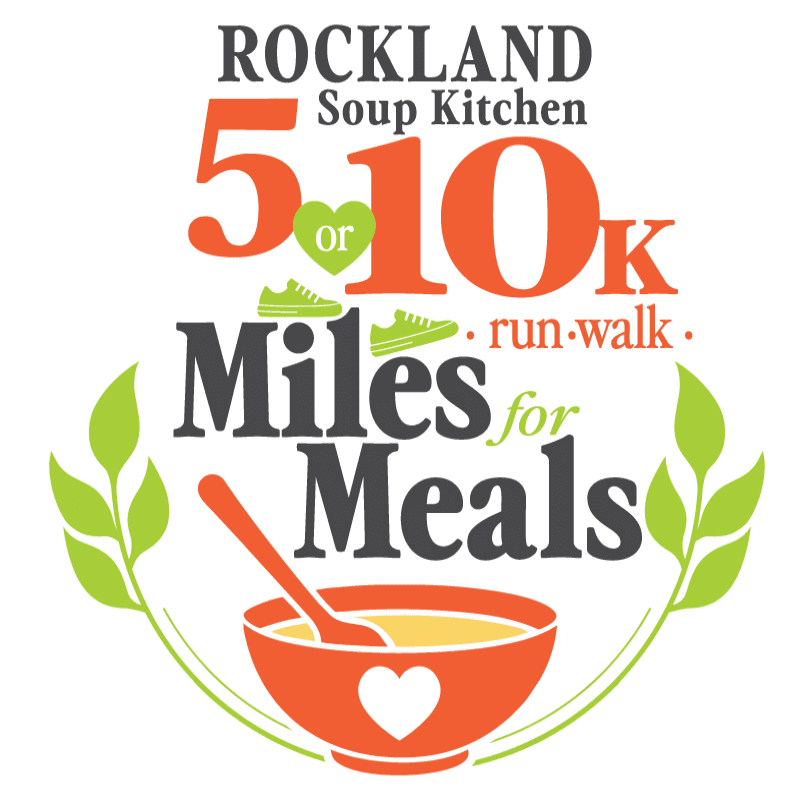 A bowl of soup with a spoon in the foreground is surrounded by green leaves and text advertising a "5 or 10K Miles for Meals run-walk" for Rockland Soup Kitchen in the background.