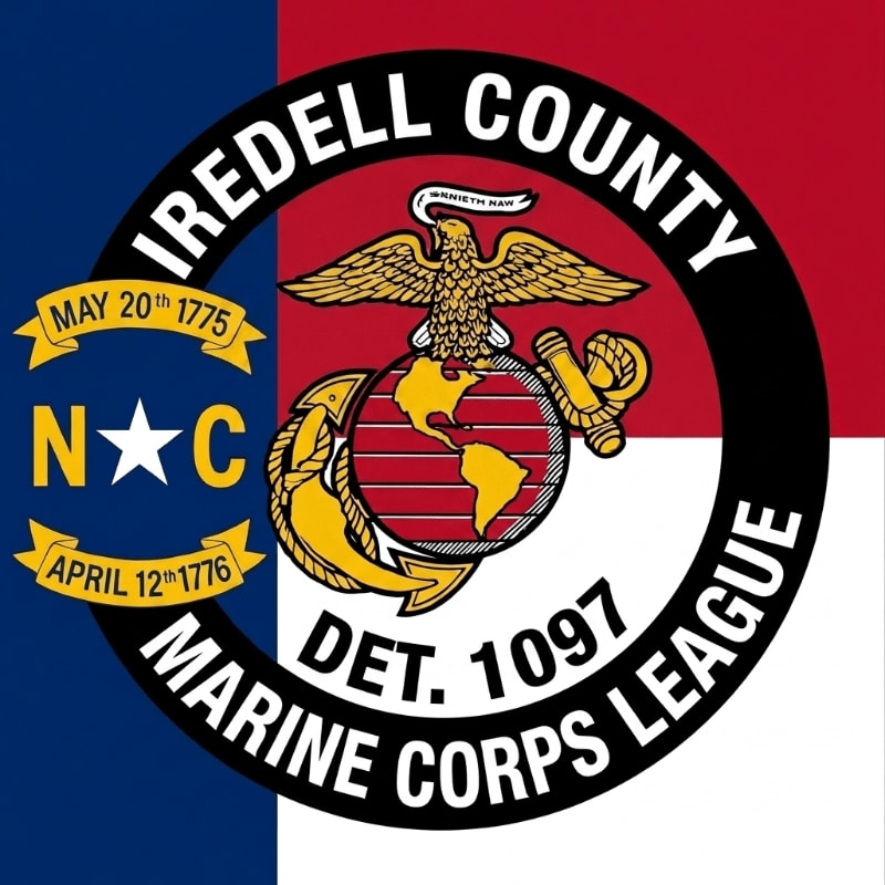 A circular emblem with the Marine Corps insignia and text "Iredell County Marine Corps League Det. 1097" is set against a background of red, white, and blue stripes.