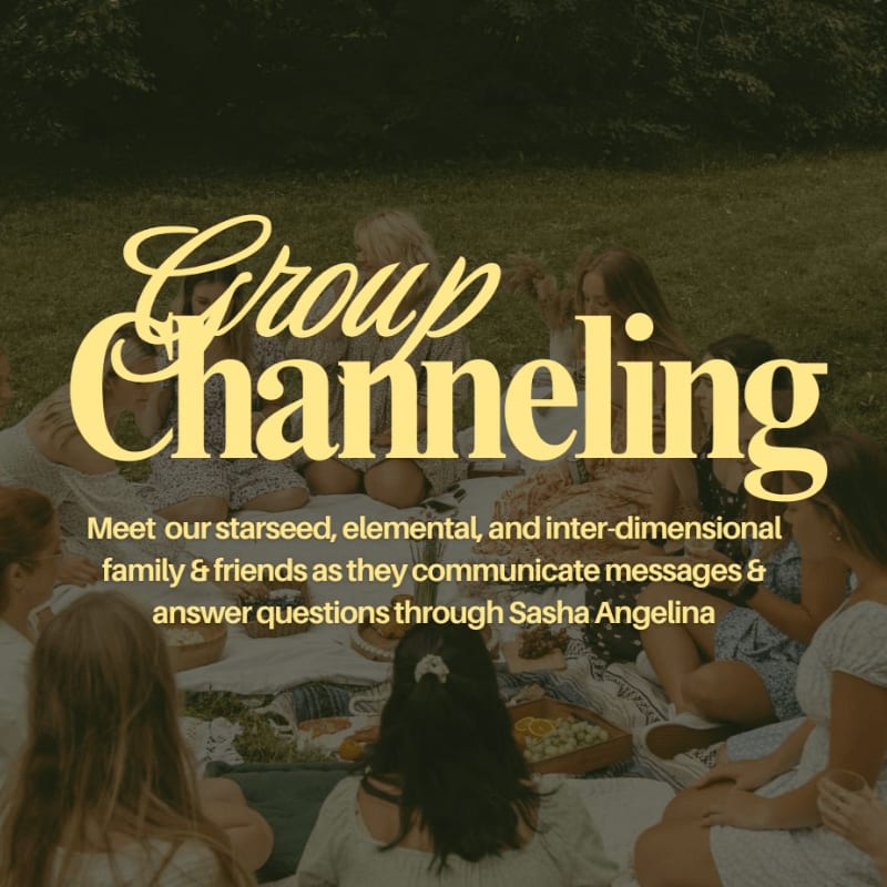A group of people sit in a circle on a blanket in a grassy park, with the words "Group Channeling" prominently displayed above them.
