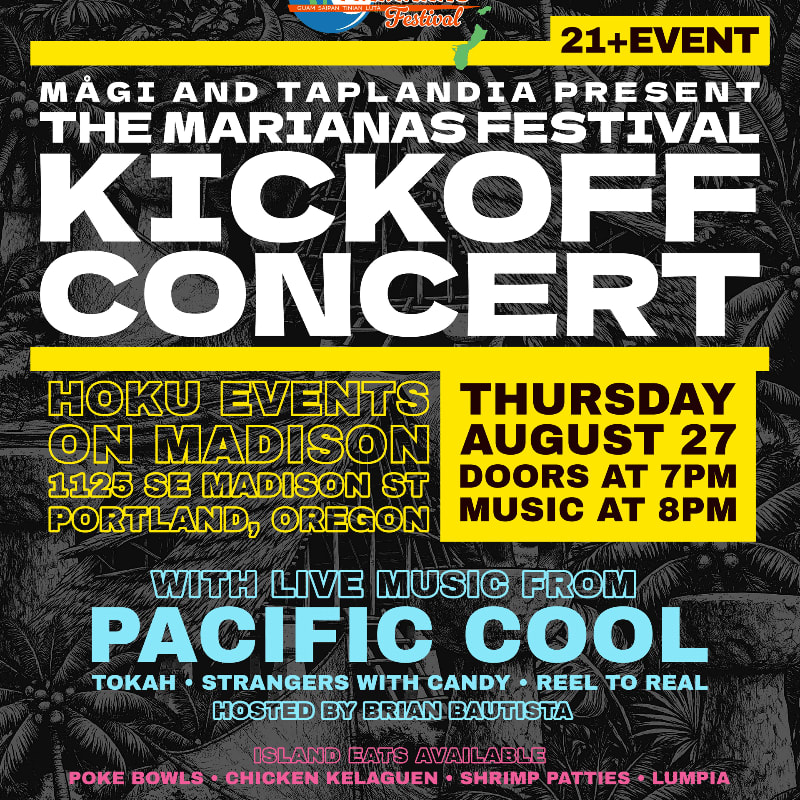 A vibrant concert poster for "The Marianas Festival Kickoff Concert" is set against a dark, tropical background, featuring bold white text for the event title and yellow text for details like date, time, and location.