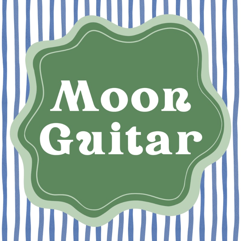A green, blob-shaped frame with the words "Moon Guitar" in white text is centered against a background of blue and white vertical stripes.