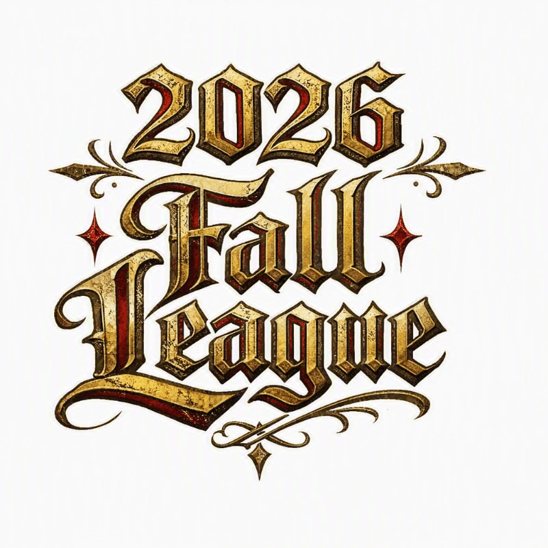 Ornate golden lettering spelling "2026 Fall League" with decorative flourishes and red diamond accents stands out against a plain white background.
